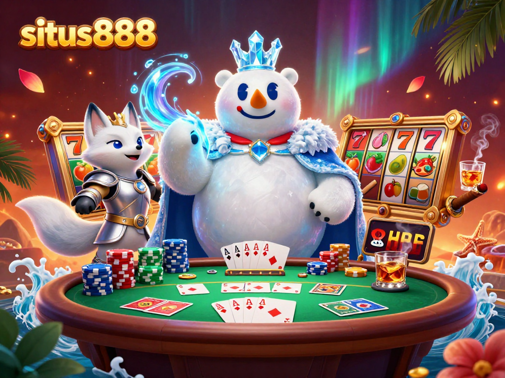 Experience the thrilling action at situs888 with slot reels and poker chips in a vibrant casino scene.