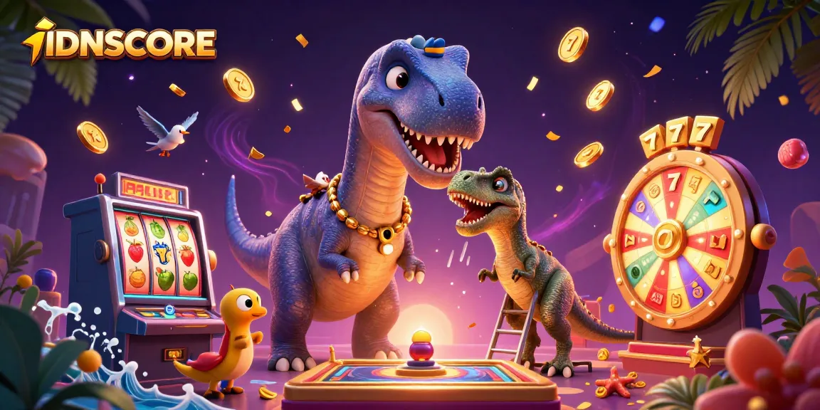 IDNSCORE challenges players with an exciting 3D cartoon scene filled with slot machines and energetic elements.