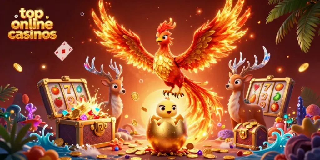 Experience the thrilling world of top online casinos with a vibrant phoenix and gaming elements.