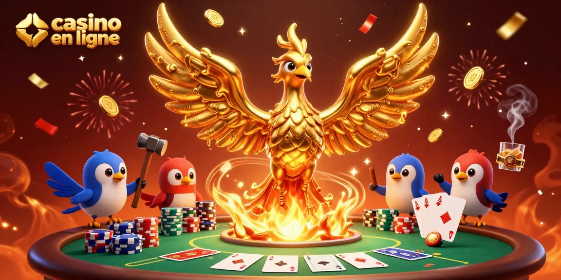 Découvrez le casino en ligne avec un phénix doré et des éléments de poker captivants.