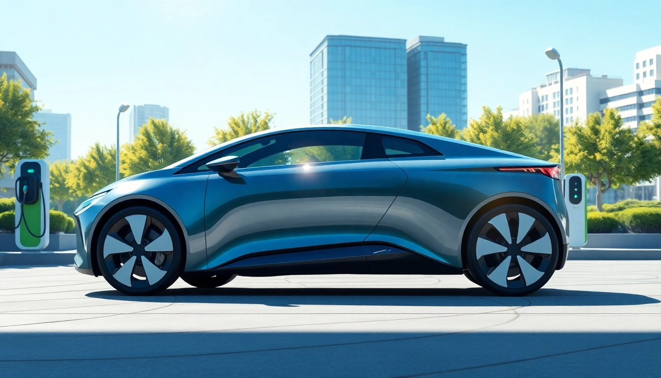 Spotlight on McNally EV parked in a smart city, emphasizing its eco-friendly design.