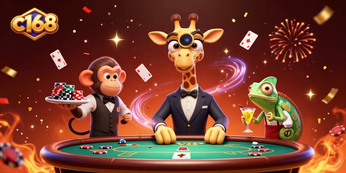 Experience thrilling poker excitement with a high-roller giraffe at c168 casino, surrounded by vibrant playing cards and sparkles.