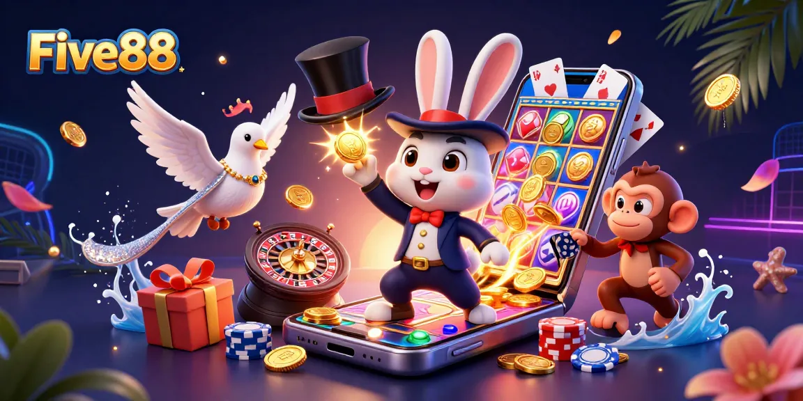 Win big with Five88 as the magician rabbit conjures gold coins in this vibrant casino scene.
