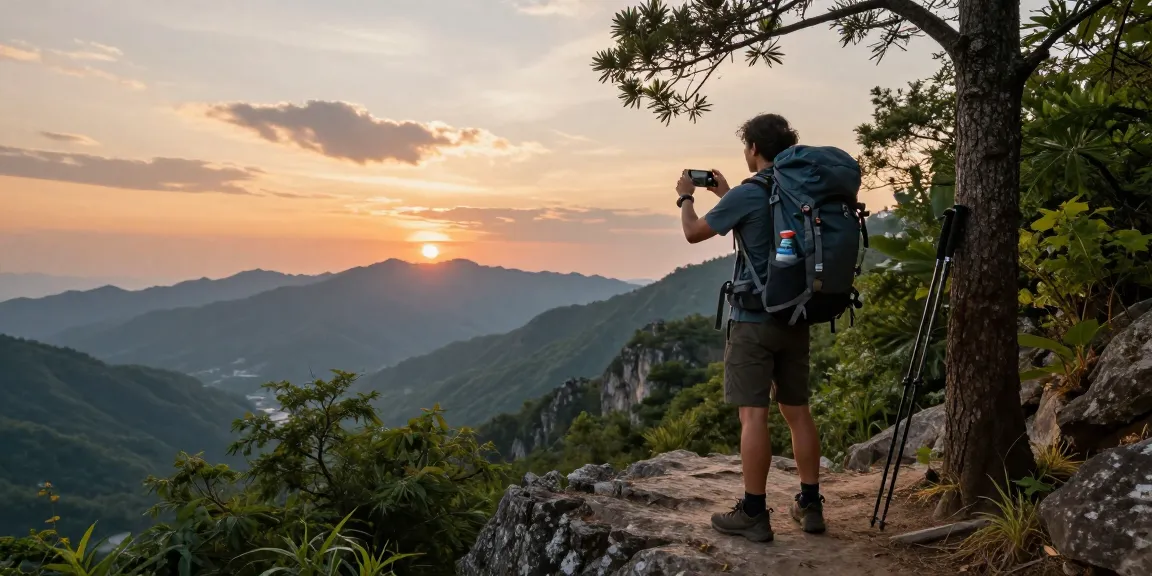 Pemandangan petualangan luar ruang LUXURY777 di jalur hiking mewah saat matahari terbenam.