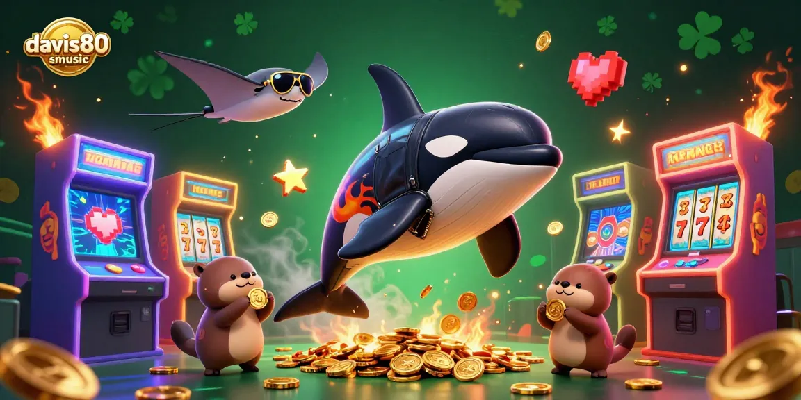 Davis80smusic showcases a vibrant 3D scene with cartoon sea creatures celebrating gambling, promoting a fun gaming atmosphere.