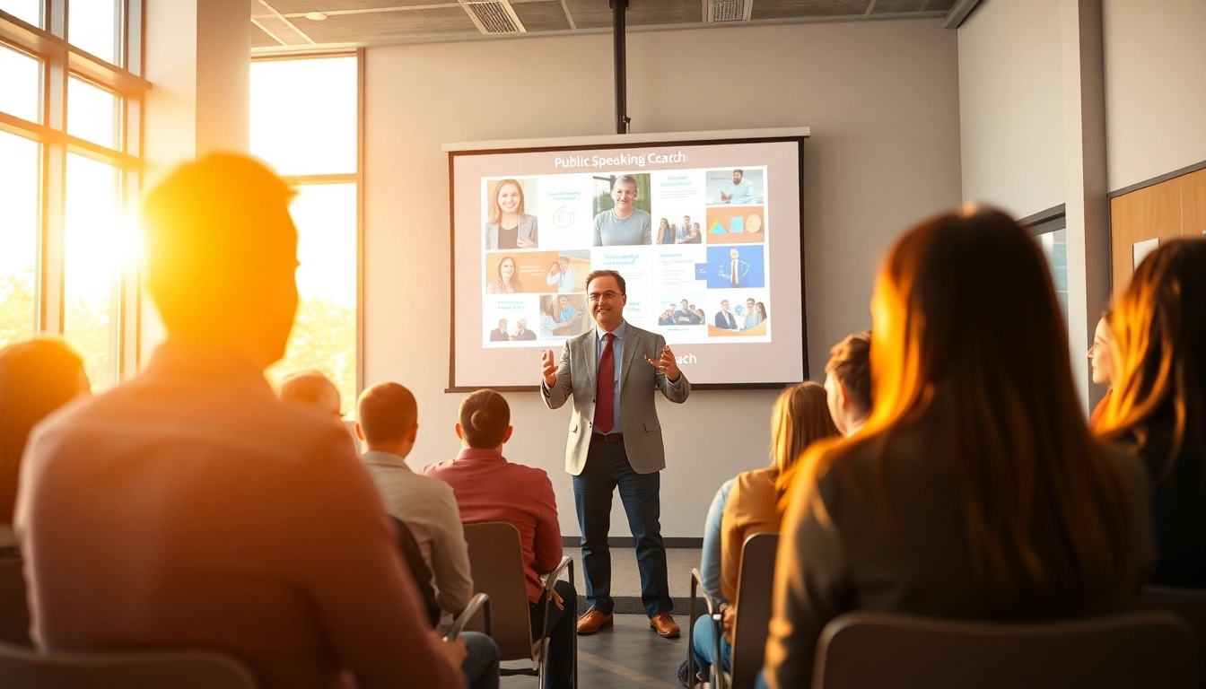 Public Speaking Coach engaging an audience in a bright conference setting with confidence.