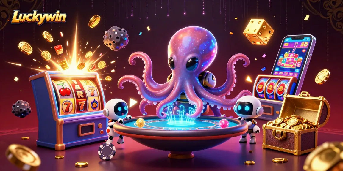 Spin to win with Luckywin, featuring an alien octopus at a holographic poker table amid vibrant casino action.