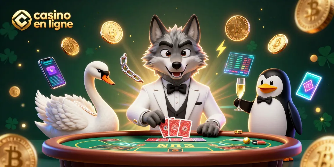Jouez au casino en ligne avec un loup élégant, un cygne distribuant des cartes et un pingouin servant du champagne.