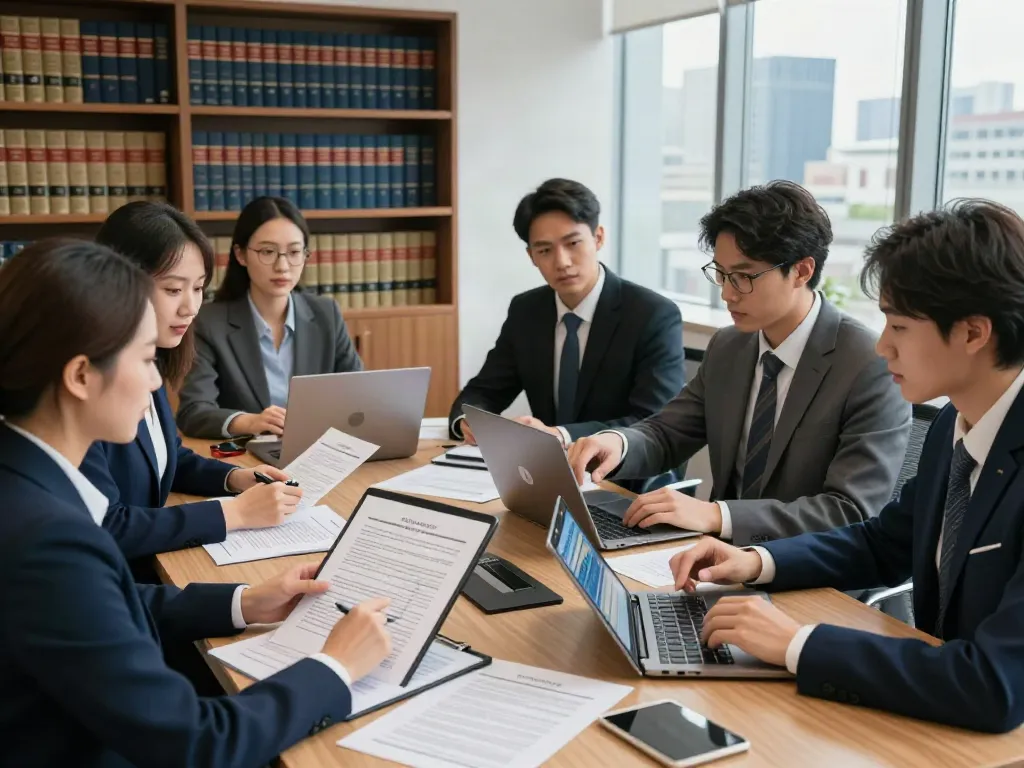 Lead Roedl team collaborating in a modern corporate law office setting, analyzing international legal documents and strategies.