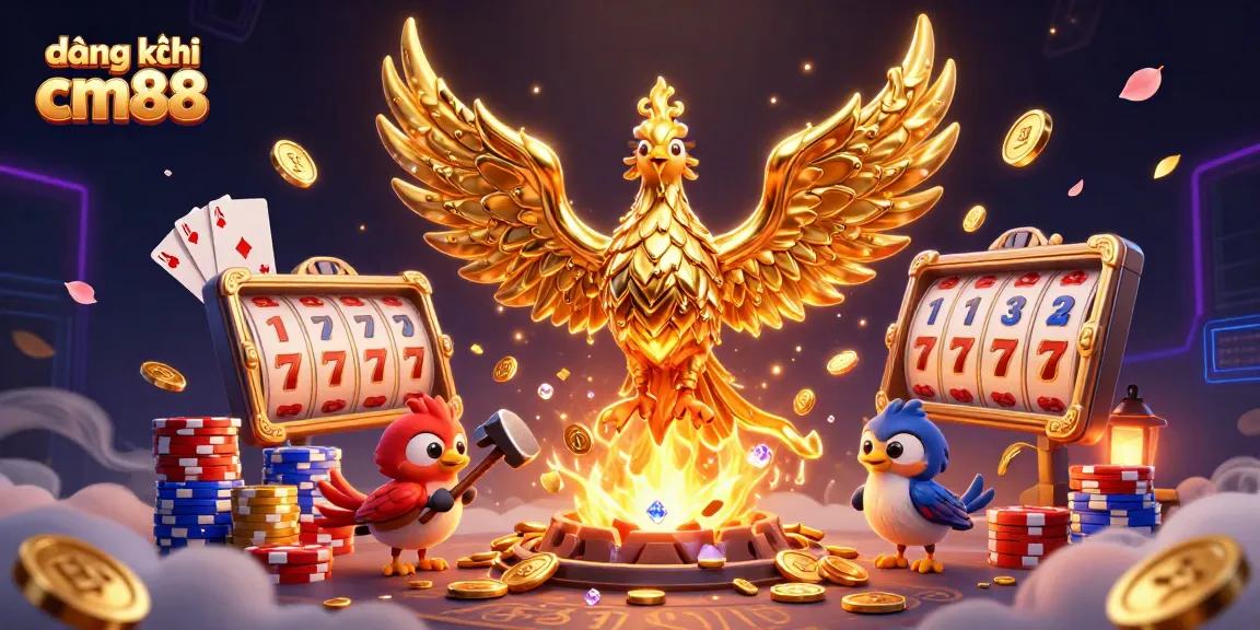 Engage in the action of đăng ký cm88 with a molten golden phoenix and casino elements.