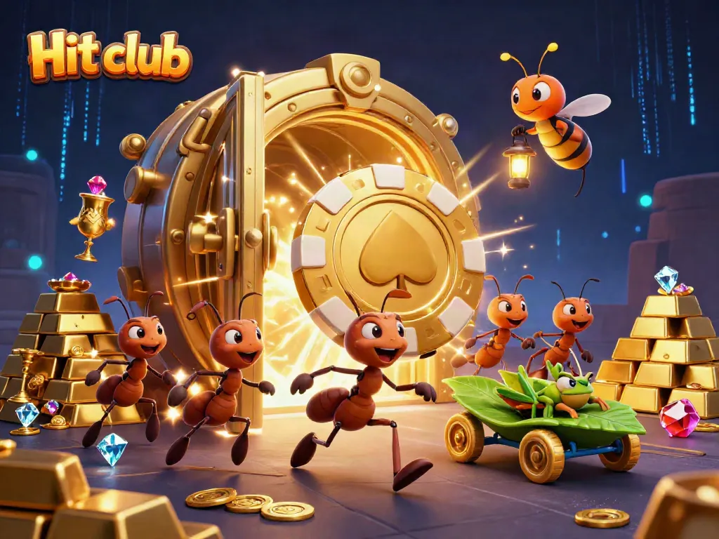 Experience thrilling wins at Hit club with a cartoon heist scene full of treasures and excitement.