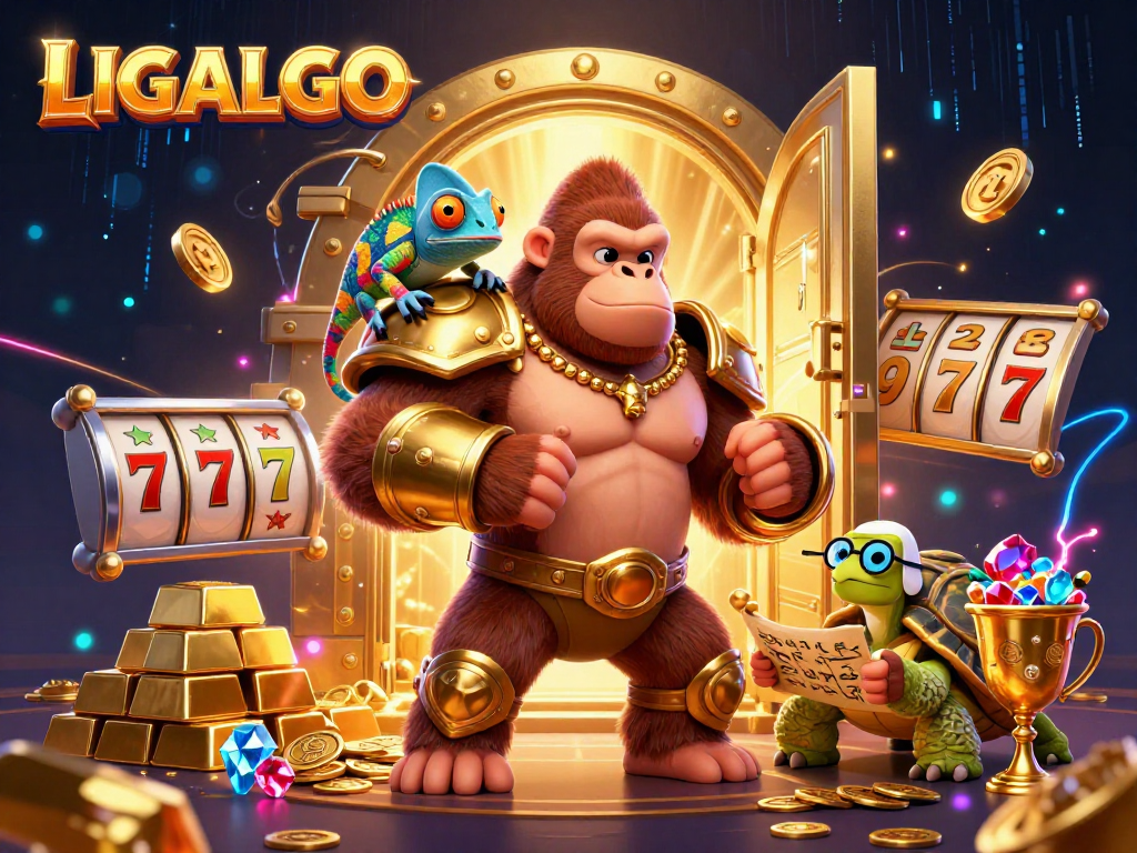 LIGALGO showcases an exciting digital casino scene with slot reels and treasures in a vibrant illustration.