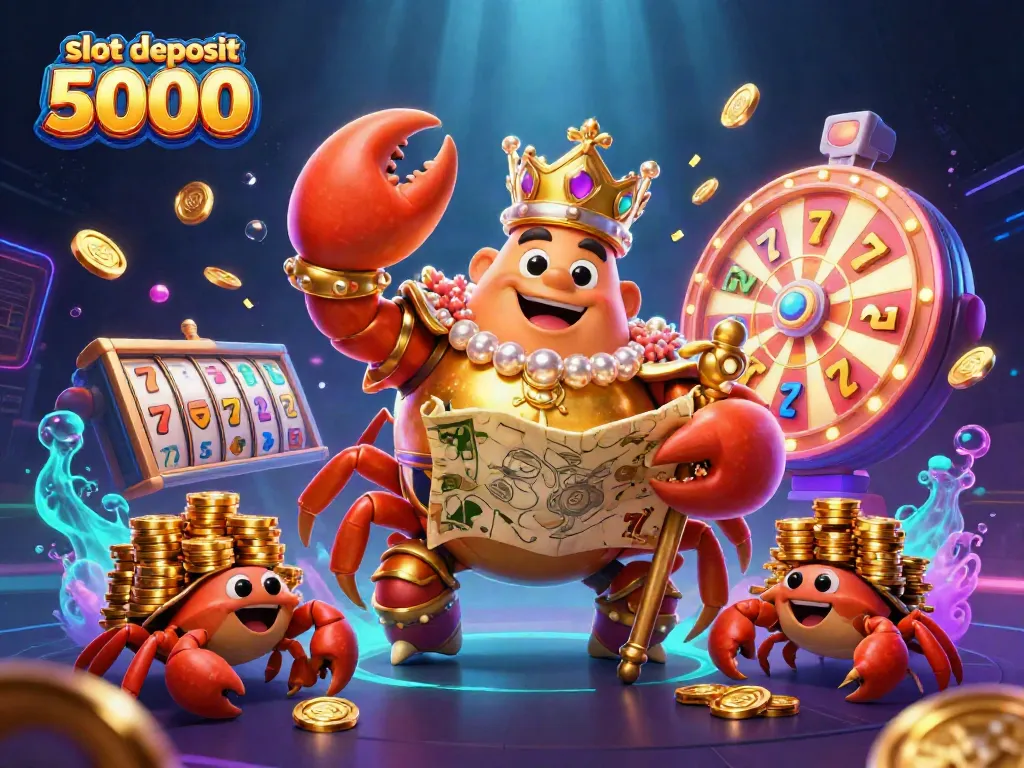 Experience the thrill with slot deposit 5000, featuring a golden crab emperor amidst colorful slot game elements.