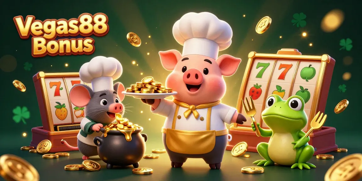 Experience the exciting Vegas88 Bonus with a vibrant 3D casino scene featuring whimsical characters.