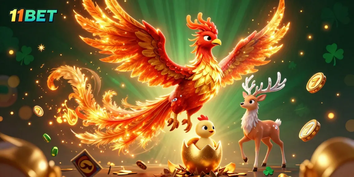 Experience thrilling wins at 11BET with a vibrant casino scene of a phoenix soaring amidst slot reels.