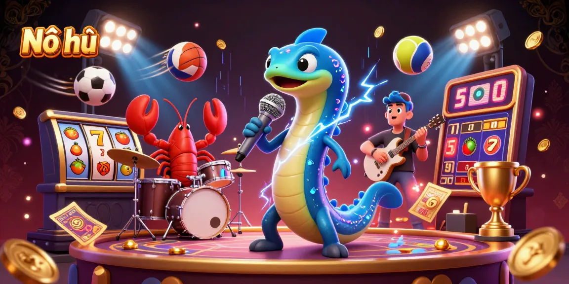 Nổ hũ showcases a vibrant underwater casino with an electric eel DJ performing alongside unique aquatic musicians amidst exciting gaming visuals.