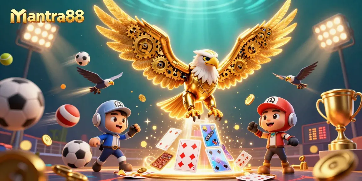 Experience the excitement of mantra88 with a vibrant casino scene featuring a cybernetic golden eagle.