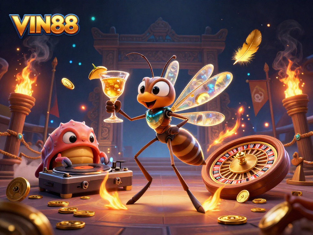 Experience thrilling gameplay with VIN88, showcasing a vibrant illustration of unique casino mascots and dynamic gaming elements.
