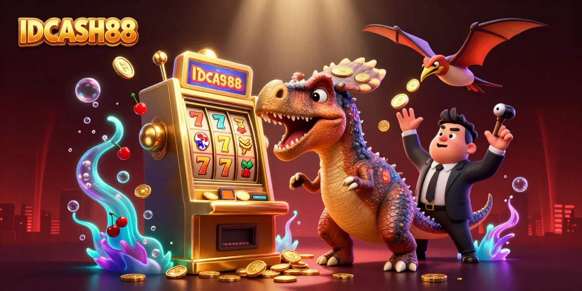 IDCASH88 features a fun scene with a pachycephalosaurus playing slots, while a pteranodon dives for coins.