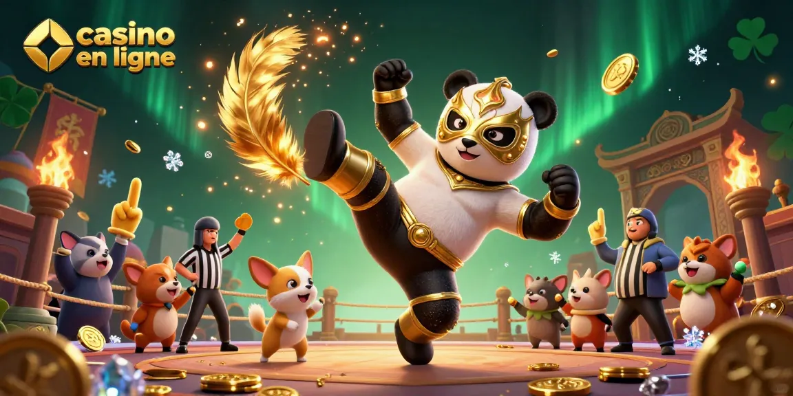 Casino en ligne : panda lutteur exécutant un coup de pied spectaculaire dans une arène animée.