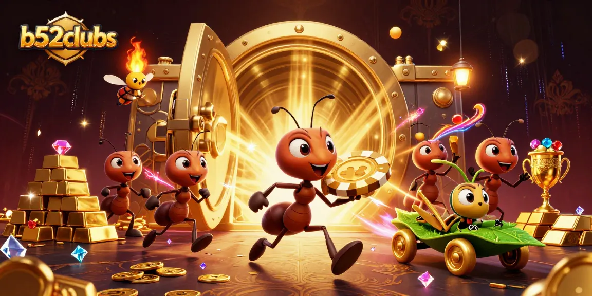 B52clubss ants executing a heist with a giant poker chip in a vibrant casino world