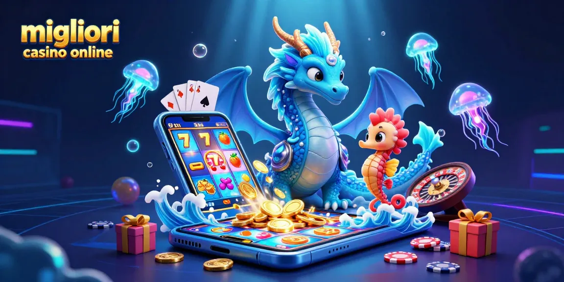 I migliori casino online offrono un'esperienza emozionante con drago d'acqua, cavaliere seahorse, e giochi di slot in un'illustrazione vivace.