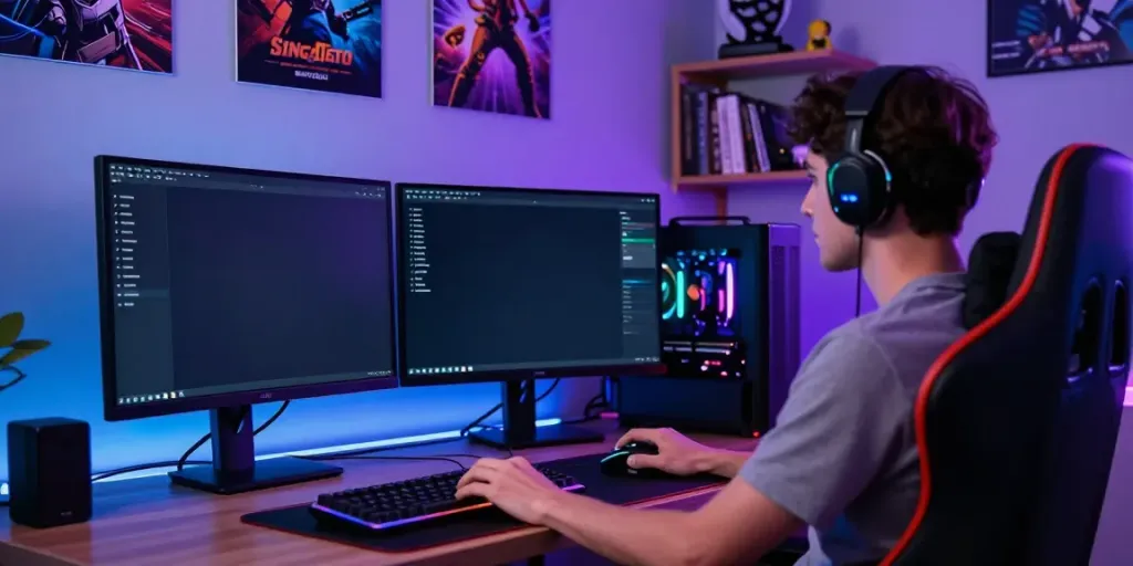 Engaging gaming setup showcasing Singatoto online gaming platform with vibrant lighting and accessories.