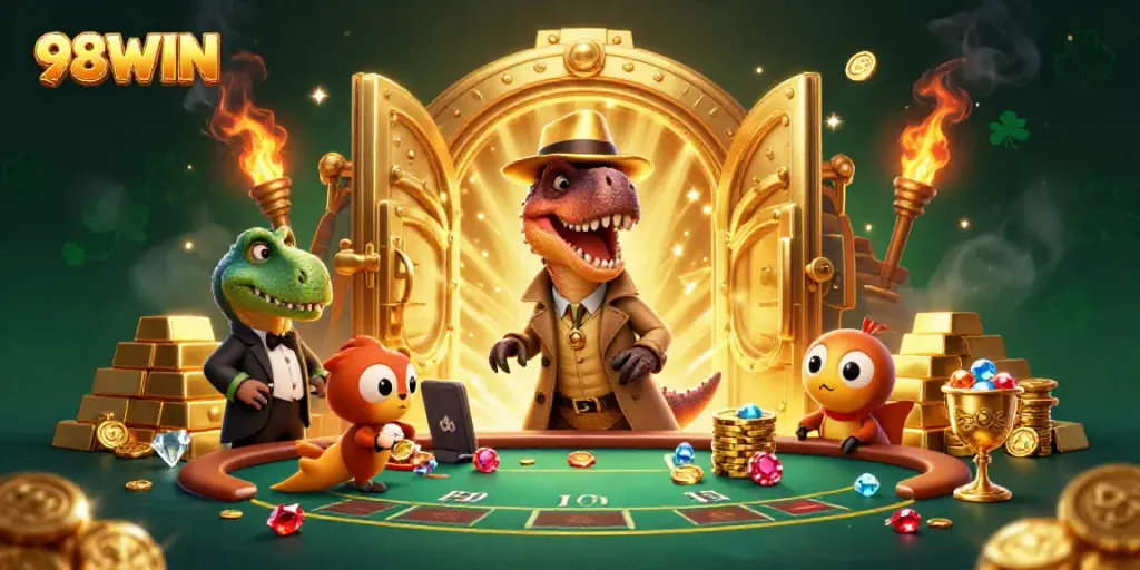 Experience the excitement of 98WIN with a playful scene featuring a velociraptor card counter and gold treasures.