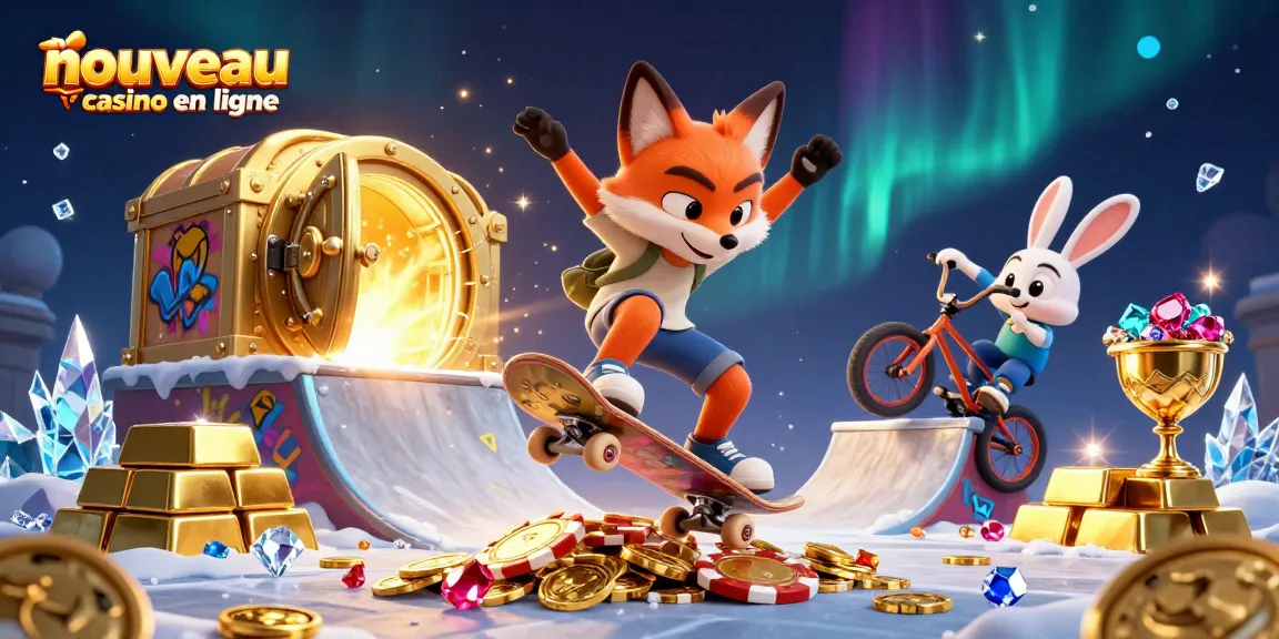 Illustration d'un nouveau casino en ligne avec un renard skateboardeur et un lapin BMX autour de symboles de jeu.