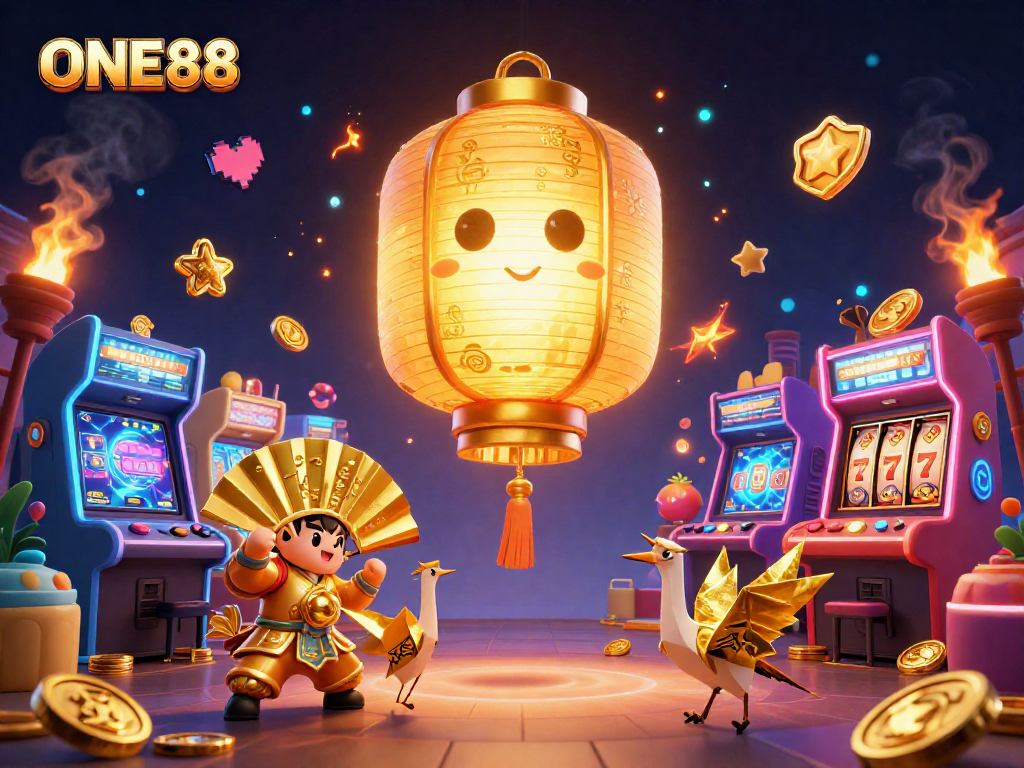 Engage in thrilling slots gameplay with ONE88's immersive casino atmosphere illustrated in 3D.