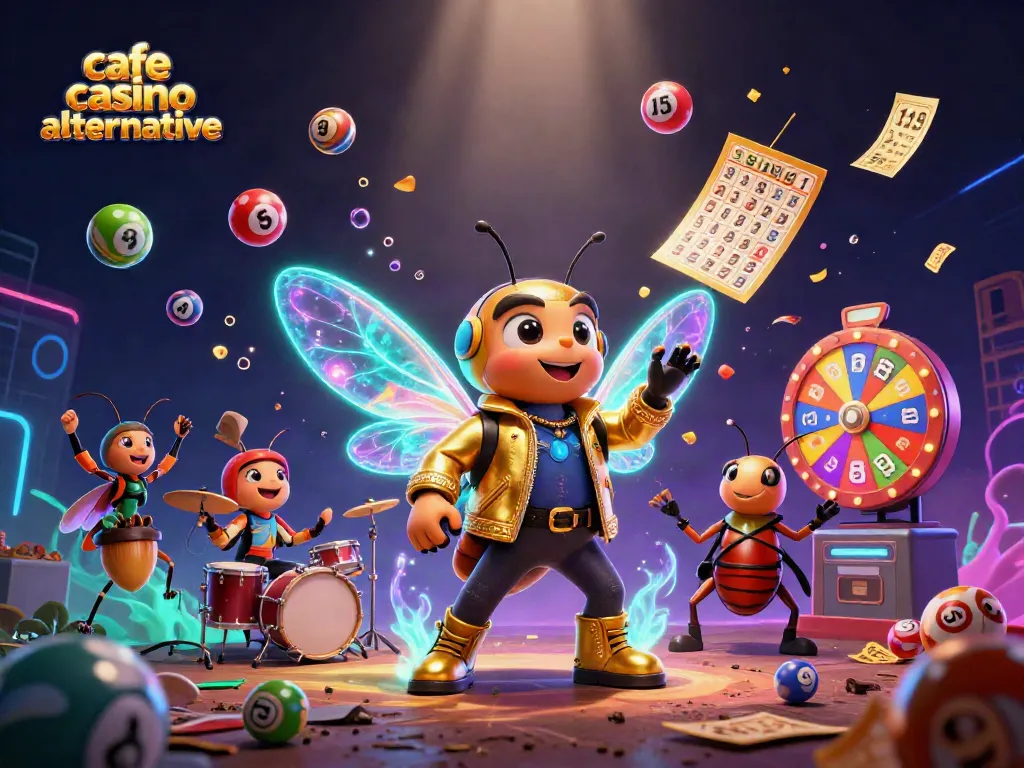 Cafe casino alternative featuring a rock star cicada and vibrant lottery elements bringing excitement to players