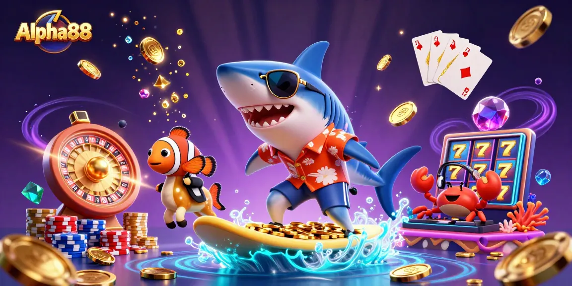 Alpha88 gamers enjoy thrilling fun as cartoon characters surf on gold coins in vibrant underwater art.