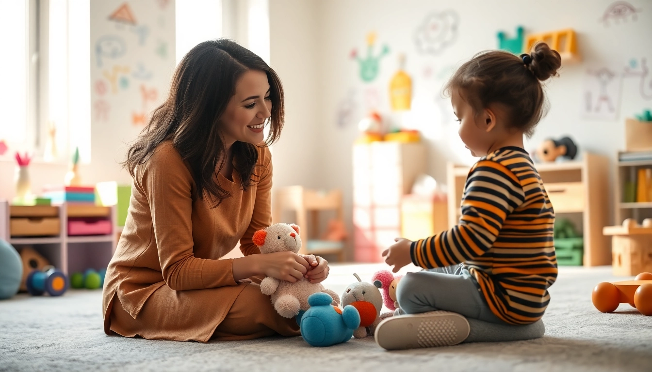 Play Therapist engaging a child in a creative therapy session filled with toys.