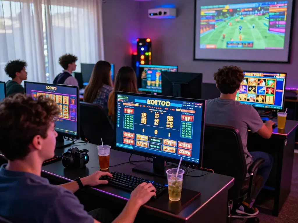 Diverse friends enjoying KOITOTO online gaming experience with vibrant atmosphere