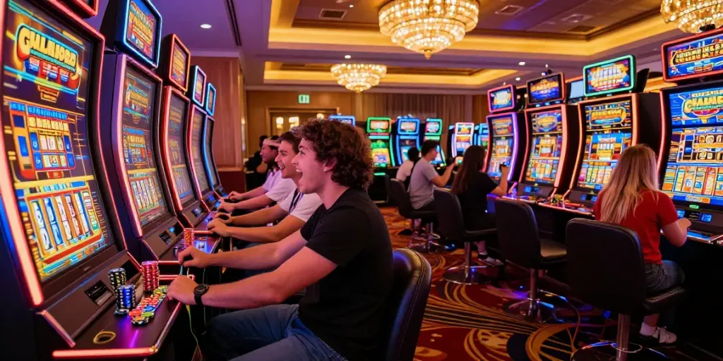 Friends enjoying an exciting slot gacor game together at a lively casino scene.