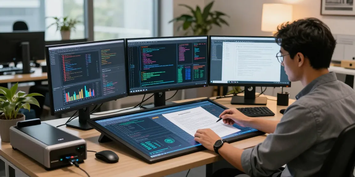 Professional analyzing document fraud detection software and AI tools in a modern office.
