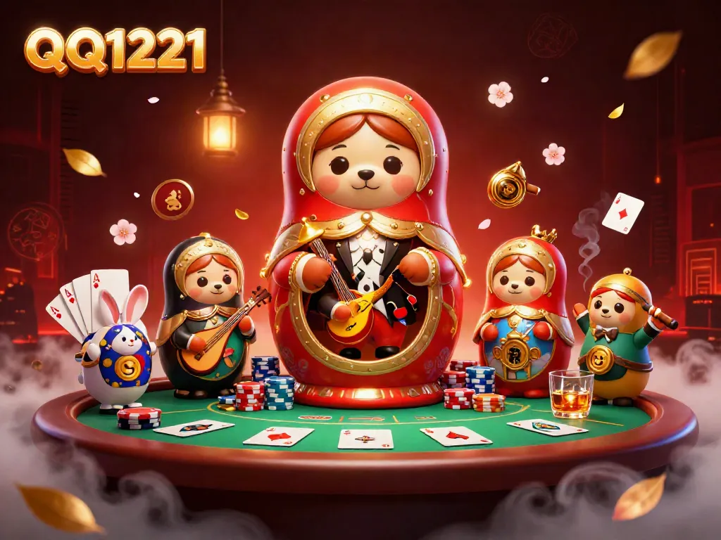 Engage in thrilling action with QQ1221, featuring a vibrant casino scene with characters like Matryoshka bears and more.