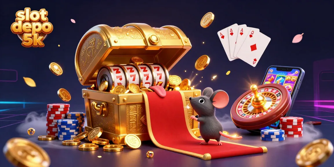 Experience big wins with slot depo 5k, a dynamic 3D illustration of treasures and gaming excitement.