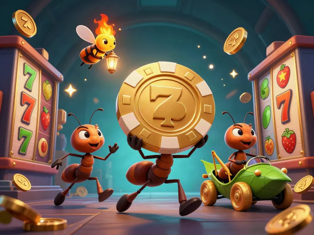NIASTOTO ants heist with golden poker chip in a vibrant casino scene.