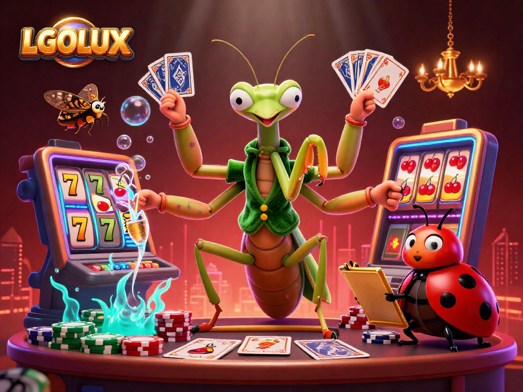 Engage in thrilling casino play with LGOLUX, featuring a mantis card sharp and vibrant slot elements.