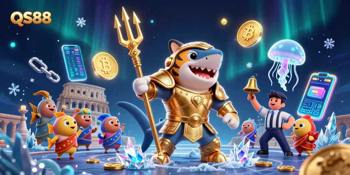 Experience big wins with QS88, featuring a thrilling 3D casino scene with a golden shark gladiator.