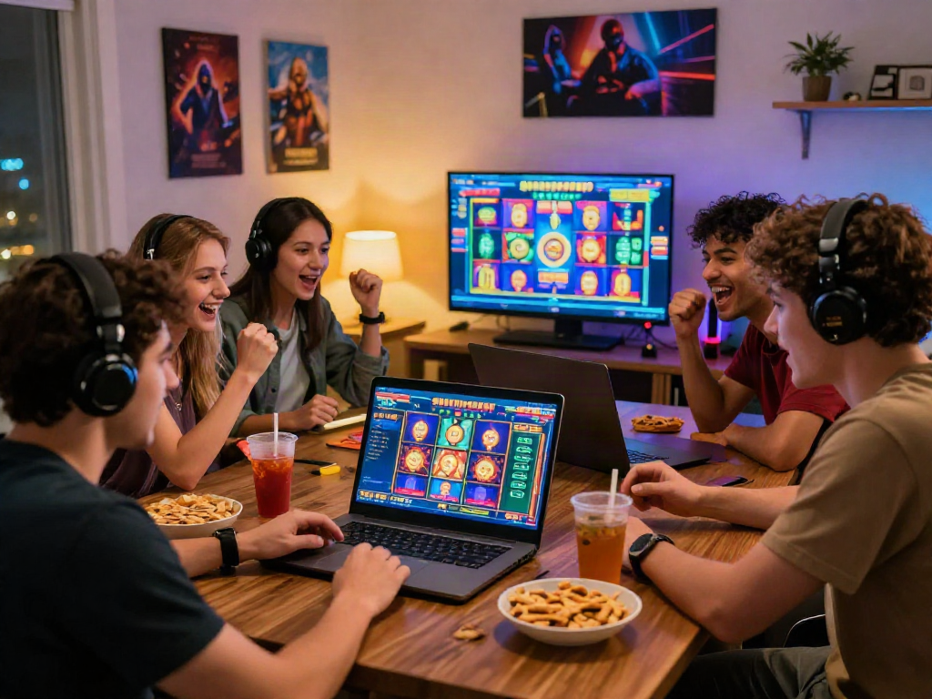Friends enjoying a lively online slot game session, featuring rutanslot excitement and colorful graphics.