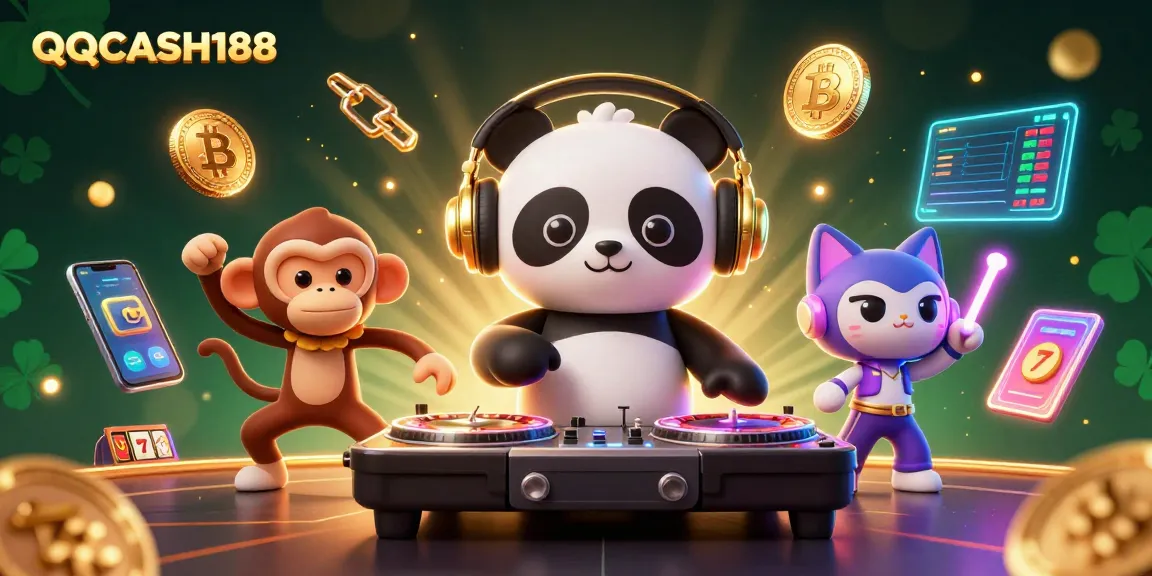 Join the fun with QQCASH188 in this vibrant casino scene featuring animated characters and gaming elements.