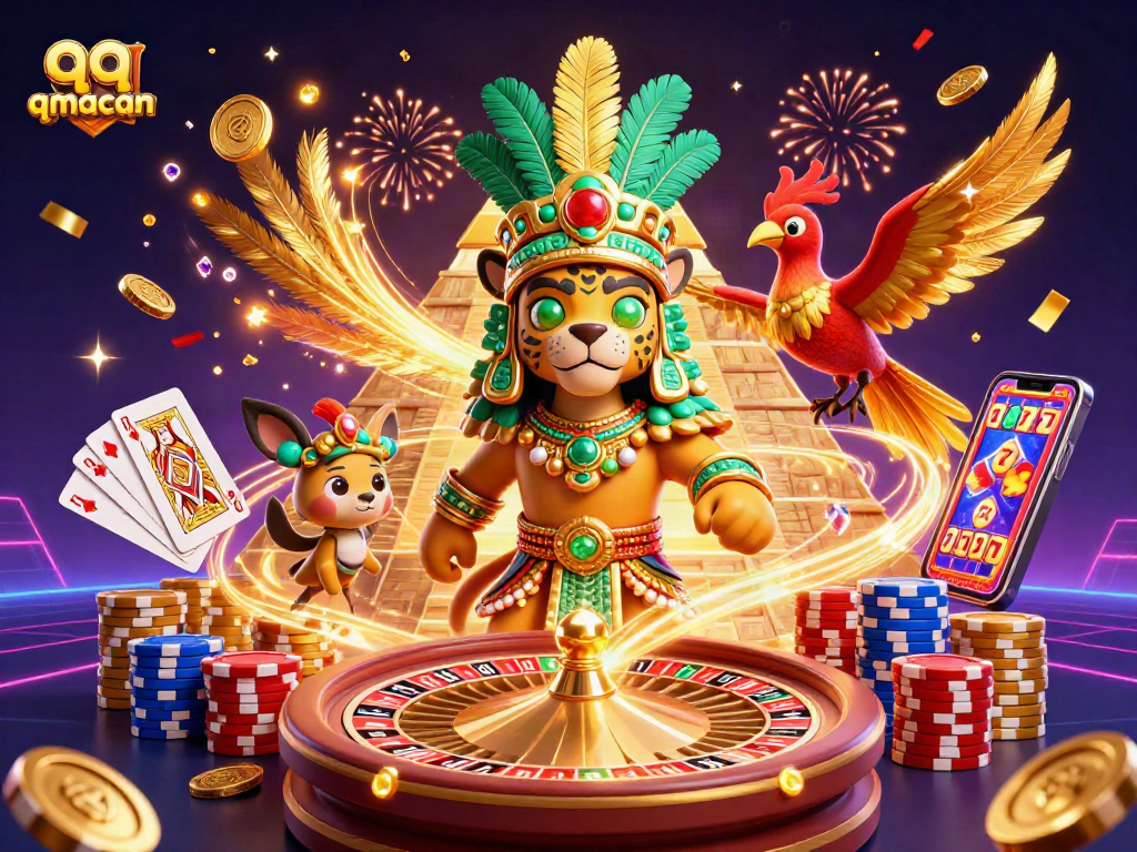 Experience excitement with qqmacan’s lively 3D casino illustration featuring dynamic gameplay elements.