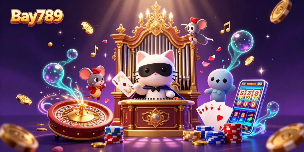Experience thrill at Bay789 with vibrant 3D casino art featuring a masked cat and sparkling treasures.