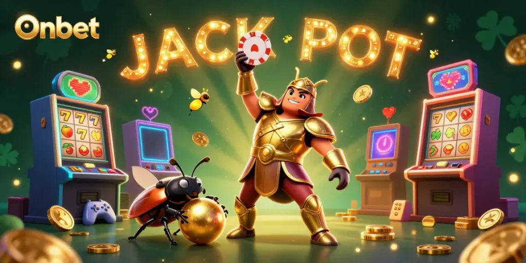 Onbet showcases a thrilling casino scene with a heroic beetle character celebrating a jackpot victory, surrounded by slot machines and rich gaming elements.