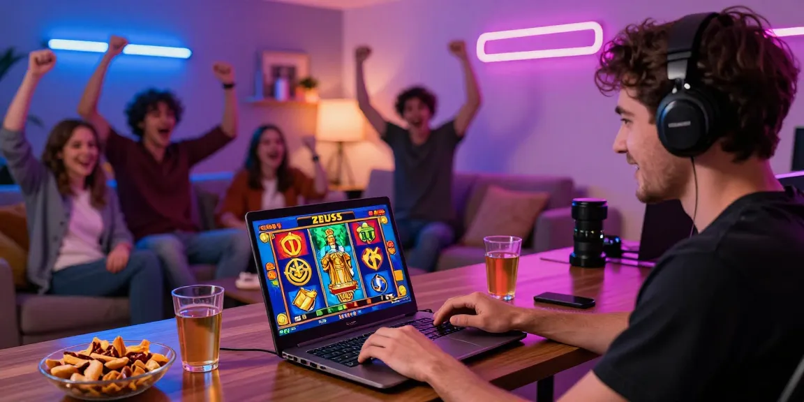 Player enjoying slot zeus game with vibrant graphics and friends celebrating in a lively online casino atmosphere.
