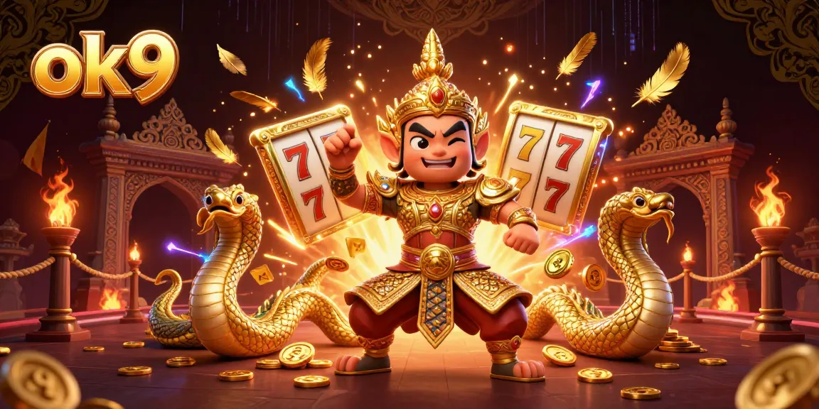 Engage with ok9's vibrant 3D casino scene featuring dynamic slot reels and mythical guardians.