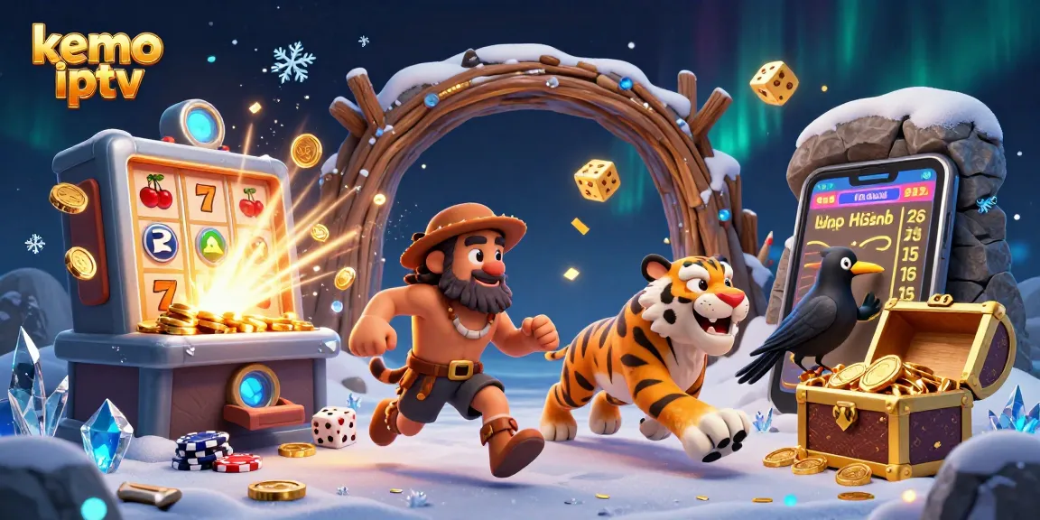 Experience kemo iptv with an engaging illustration of a fun prehistoric casino scene featuring slot machines and dice.