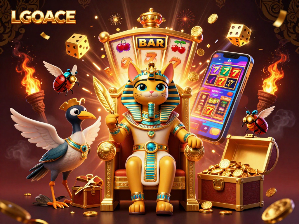 LGOACE offers thrilling slots with captivating jackpots, featuring an Egyptian pharaoh cat and dynamic casino elements.